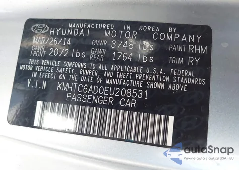 2014 Hyundai Veloster Base W/Black from USA, damaged, VIN KMHTC6AD0EU208531